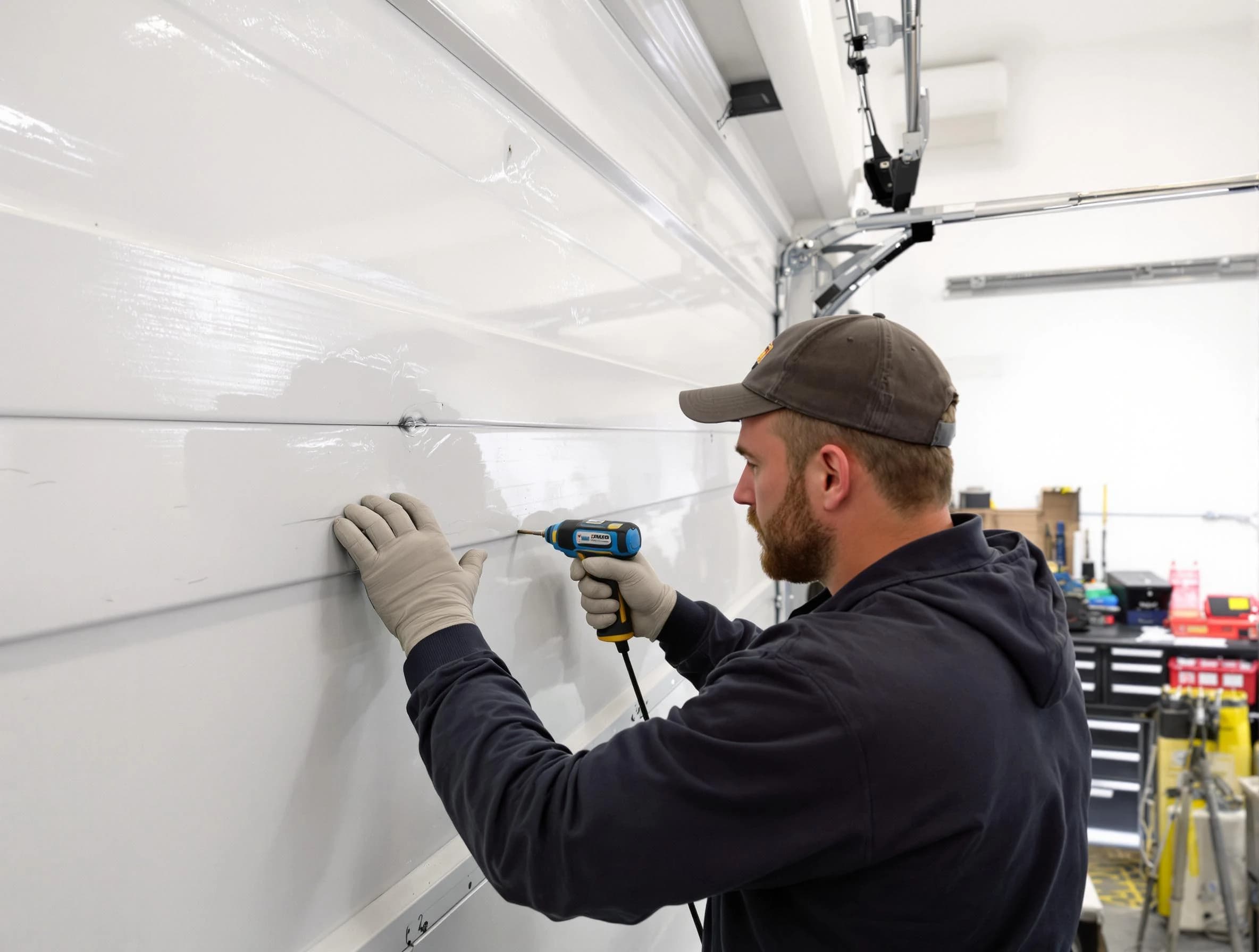 Belvedere Park Garage Door Repair technician demonstrating precision dent removal techniques on a Belvedere Park garage door